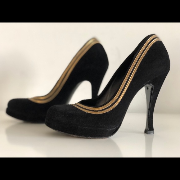 Balenciaga Shoes - BALENCIAGA BLACK SUEDE LEATHER WITH GOLD TRIM PUMP